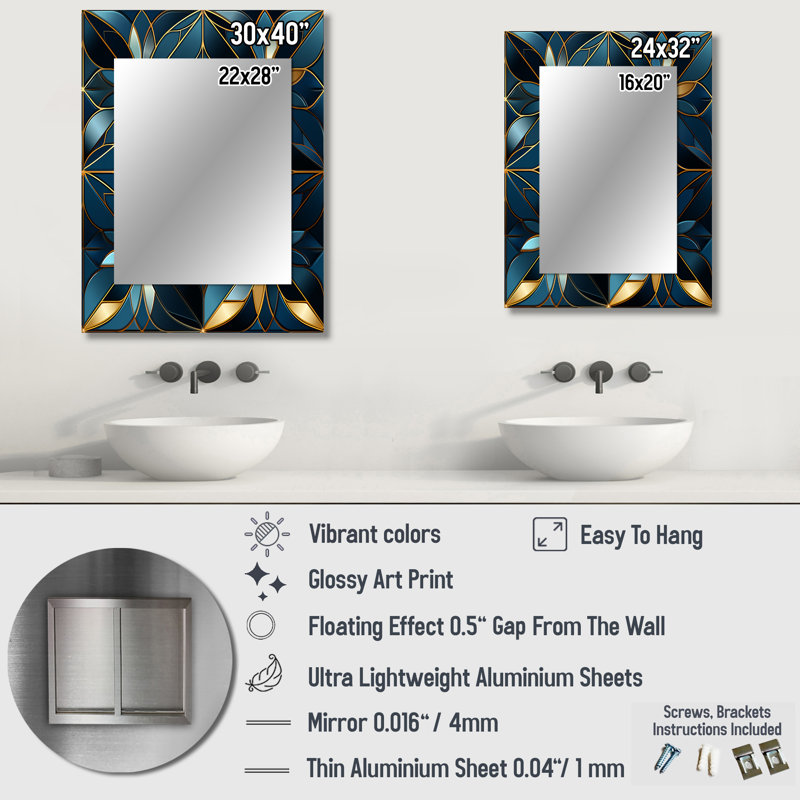 Blue Quantum Mosaic Vision Geometric - Geometric  Decorative Mirror, Modern Wall Mirror, Printed Metal Art, 40" x 30"