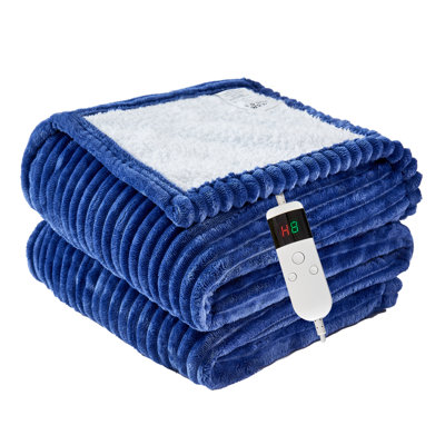 Jeté chauffant électrique en flanelle et en sherpa avec 10 niveaux de chauffage rapide, arrêt automatique 8 heures, protection contre la surchauffe, lavable à la machine, bleu, 90 po x 100 po