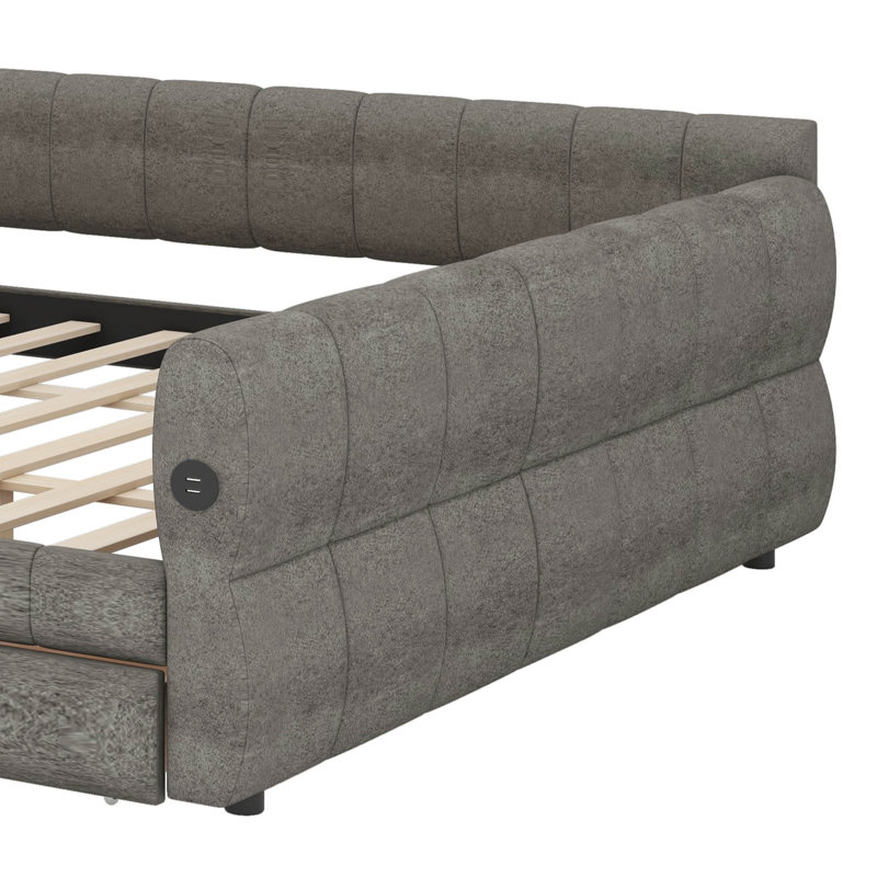 Structure de lit de jour rembourré avec port USB et 2 tiroirs, lit plateforme en laine d'agneau doux, Gris