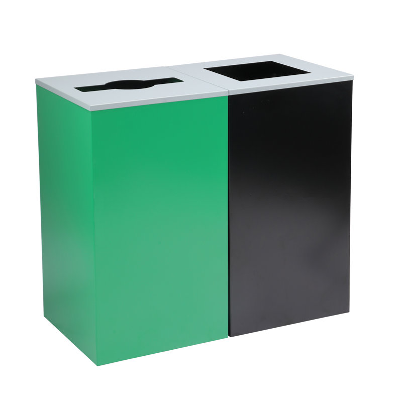 Ensemble de poubelle de recyclage et de poubelle en acier 29 gallons avec couvercle carré et mixte, Noir/vert