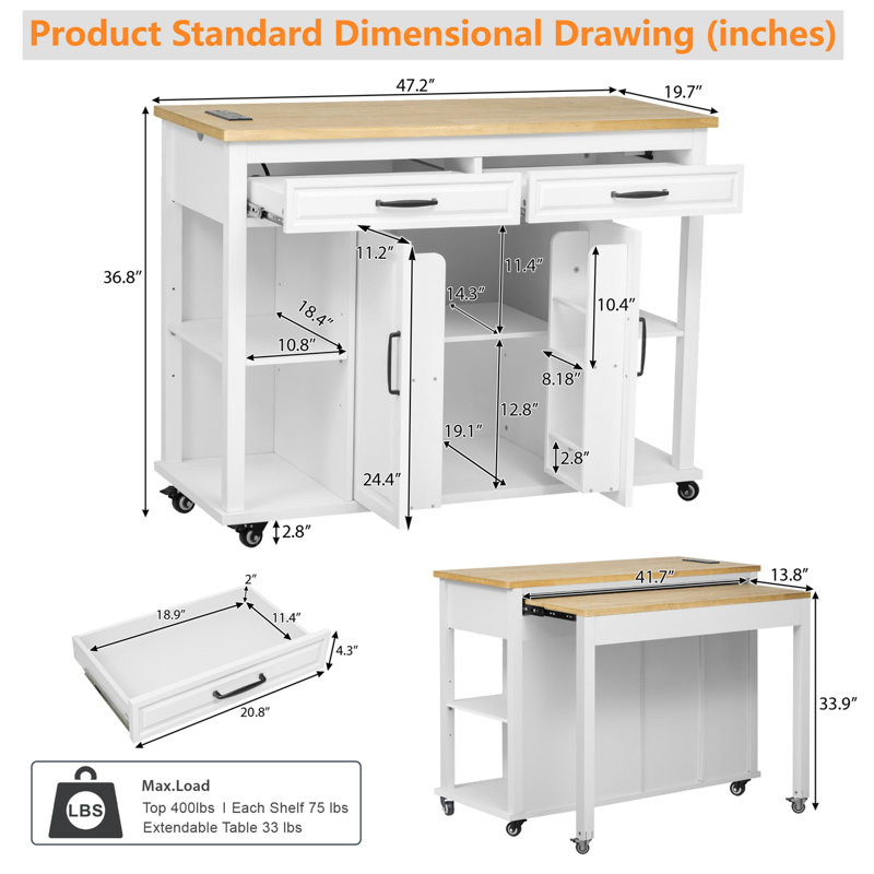 Îlot de cuisine 47 po avec table de salle à manger extensible, table de cuisine en placage de bois d'hévéa avec support de rangement interne, prise de courant, îlot de cuisine avec rangement 2 tiroirs et 2 armoires
