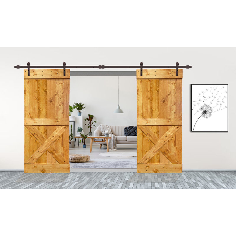 Panelled Wood Stained Mini X Series Double Pre Assembled Barn Door With Sliding Hardware Kit, Colonial Maple, 36'' x 84''