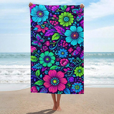Serviette de plage surdimensionnée à motif floral néon sur fond sombre, douce et absorbante, idéale pour la plage, la piscine, la salle de bain, les voyages, le gymnase et le camping, 91 x 183 cm.
