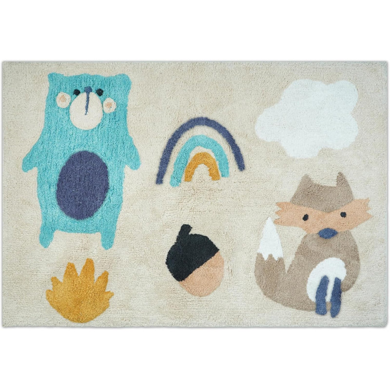 3' X 4' Beige And Blue Woodland Animals Youthful Washable Area Rug