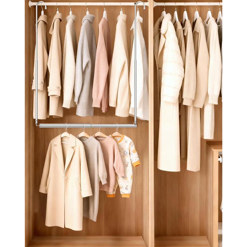 Hanging Closet Rod, Adjustable Height & Width Closet Rods For Hanging Clothes-Closet Extender Hanging Rod Space-Maximizing Design Suitable For Hanging And Drying Clothes, Silver