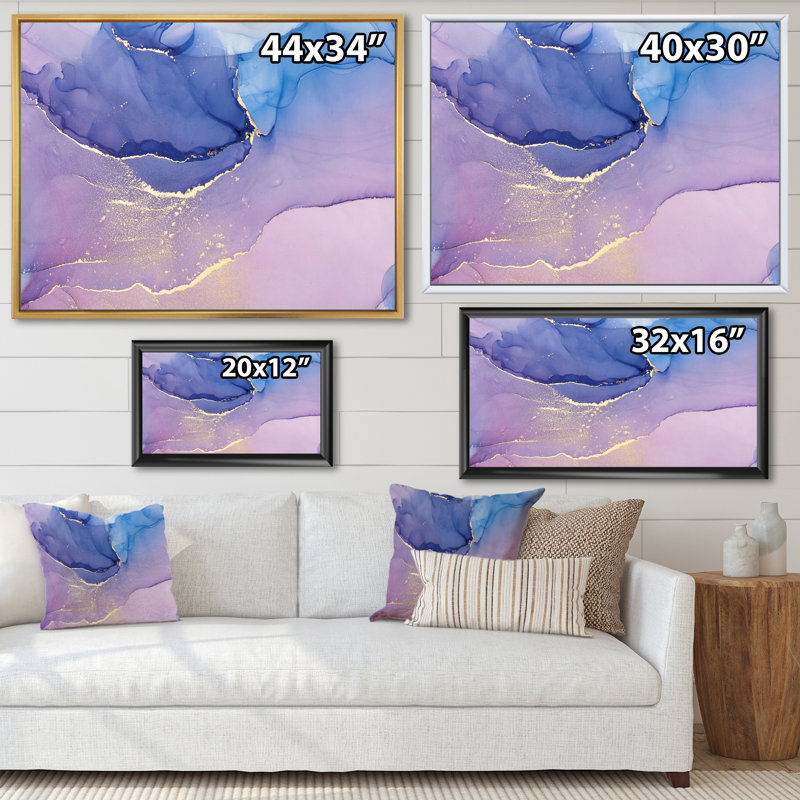 «Pink and Blue Ink Clouds III», peinture sur toile, H 12 po x l 20 po, Cadre flottant blanc