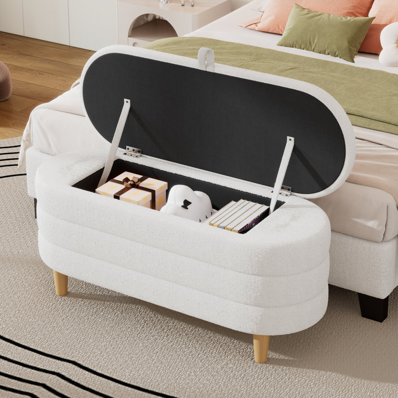 Elegant Upholstered Fabric Storage Ottoman with Wood Legs, Bedroom and Living Room Bench, White