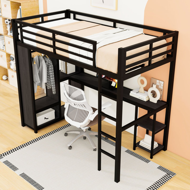 Metal Loft Bed with Wardrobe and Desk, Black, Extra-Long Twin