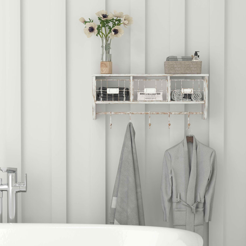 Thalha Wall Mounted Storage Rack with Upper Shelf, Wire Baskets, and Hooks, White Wash