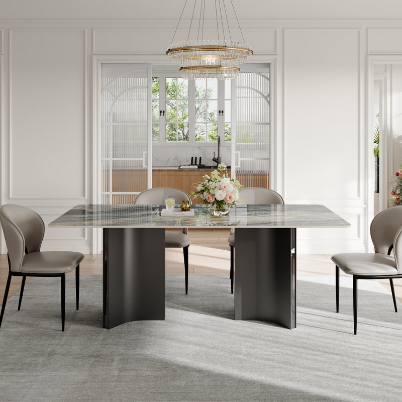 63" Modern Retangular Dining Table With Glossy Grey Sintered Stone Table Top, Luxury Kitchen Table With Stainless Steel Legs For 6