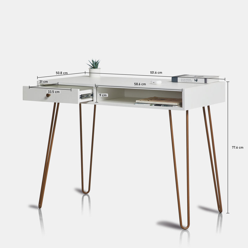 Ester 101.6 cm W Hairpin Desk with Drawer, White/Gold