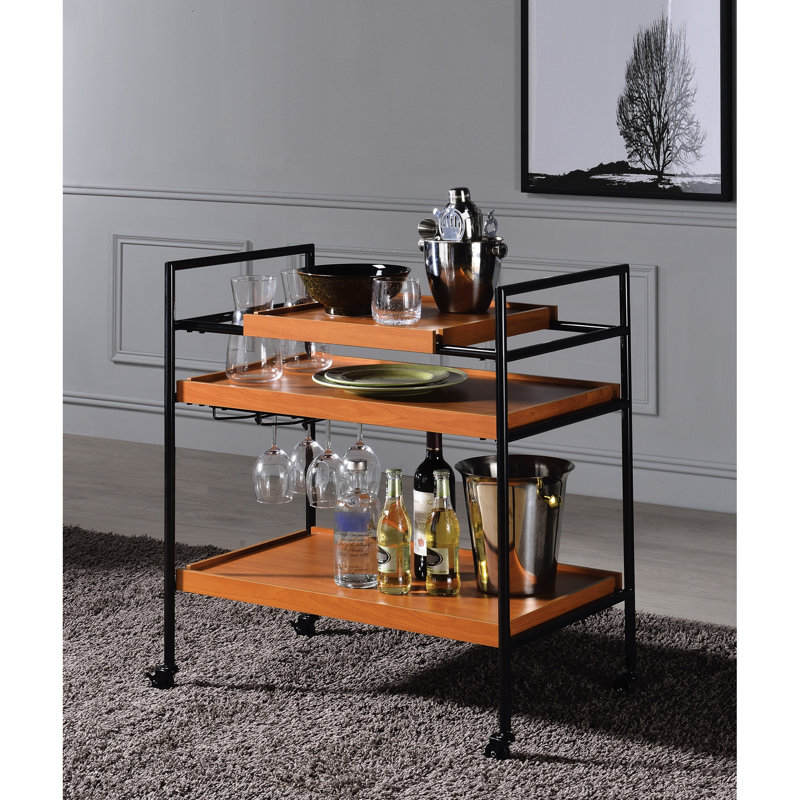 Chariot de service en chêne miel et noir avec rangement, pièces en bois réglables, 3 compartiments pour boissons et ustensiles, mouvement à 4 roues, base en métal, salle à manger