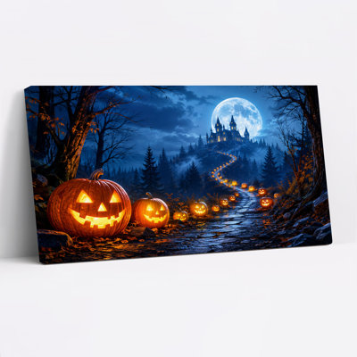 Chemin de citrouilles lumineuses vers un château hanté sous une toile murale d'Halloween