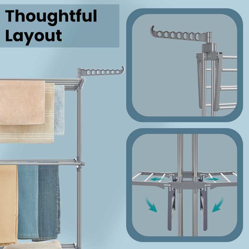 Séchoir à vêtements à 4 niveaux, pliable, séchoir à linge de 68,1 pouces de hauteur, acier inoxydable, porte-vêtements à roulettes, séchoir à linge