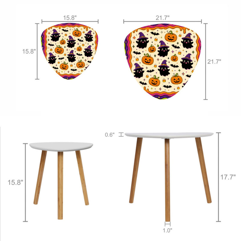 Ensemble de 2 tables basses gigognes triangulaires modernes, motif fantôme, citrouilles, chauves-souris et bonbons d'Halloween, style milieu du siècle. Tables d'appoint empilables, petites tables de chevet pour salon, chambre, appartement, décoration intérieure.