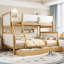 Lit simple superposé au dessus d'un lit double avec tiroirs de rangement, structure de lit superposé pour enfants en bois massif avec lattes, conception convertible, blanc et naturel