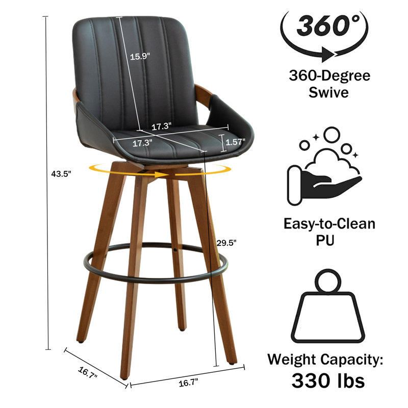 Modern Leather Upholstered Swivel Counter & Bar Stools, Black, Bar Stool (29.5" Seat Height)