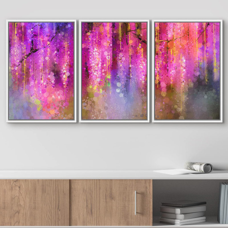 «Mauve et doré, aquarelle et paillettes», 3 pièces sur toile, Cadre flottant blanc, H 24 po x l 48 po