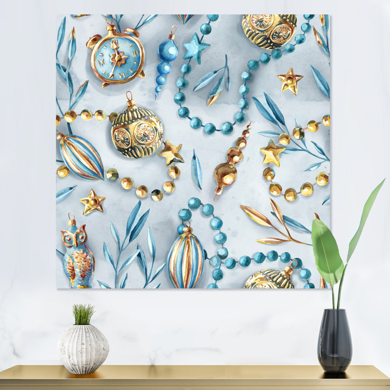 «Blue and Gold Christmas Tree Ornaments», reproduction d'art sur toile moderne, H 36 po x l 36 po x P 1 po, Toile tendue