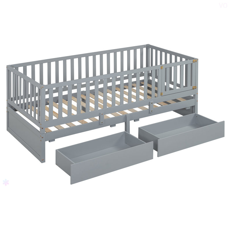 Twin Size Wood Daybed With Fence Guardrails And 2 Drawers, Split Into Independent Floor Bed & Daybed, Gray