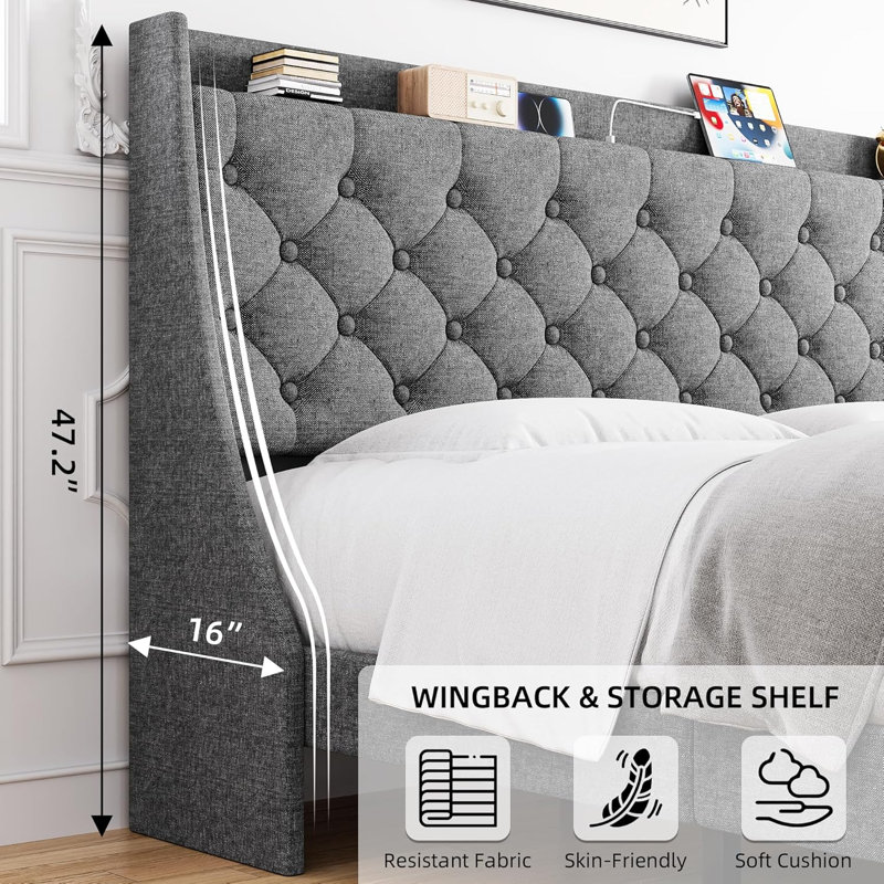 Bed Frame With Upholstered Wingback Headboard, Queen, Gray