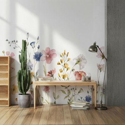 Papier peint mural aquarelle de fleurs sauvages | Papier peint botanique floral pastel | Intissé ou adhésif
