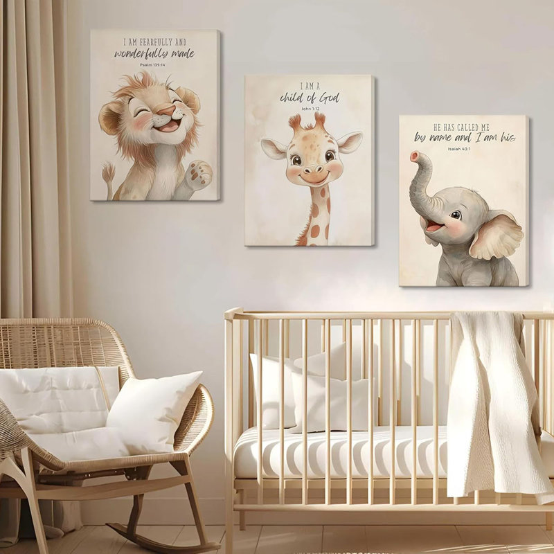 3Pcs Bible Verses Christian Nursery Safari Animals Canvas Wall Art Child Of God Cute Animals Picture Wall Decor Lion Giraffe Elephant Poster Print Artwork For Kids Boys Girls Room Home Decoration