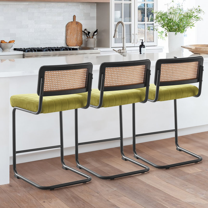 Oliver Green Velvet Upholstered Cane Back Counter Stools with Black Metal Frame