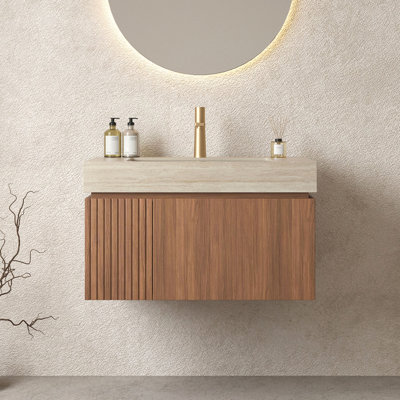 Meuble-lavabo 30 po, armoire de rangement flottante en contreplaqué avec tiroir et porte, comptoir en pierre frittée Roma Travertine et lavabo en céramique avec 1 trou de robinet pré-percé, pré-assemblé