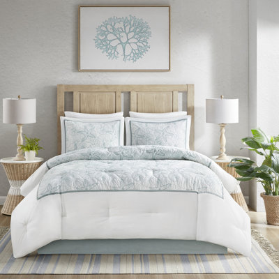 White Cotton Queen Comforter - Sand Dollar Embroidery, , 200Tc Bedding Dark Accent