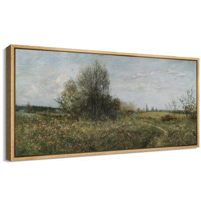 Country Road Through Wildflower Field Extra Large Framed Wall Art Oversized Canvas Print