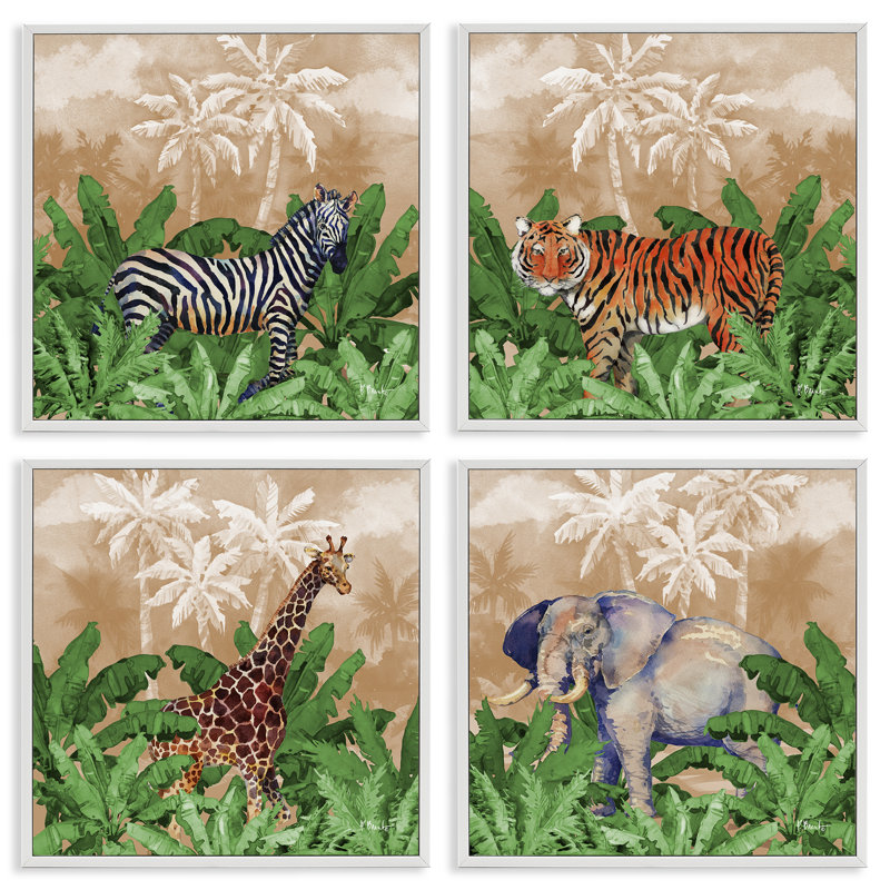 «Jungle Animals & Palms», ensemble de 4 giclées par Paul Brent, Estampe numérique encadrée blanc bord de mer