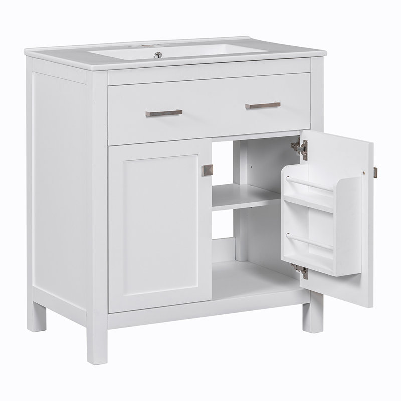 Meuble-lavabo simple 30 po avec plateau en céramique Zenae, Blanc, Argent