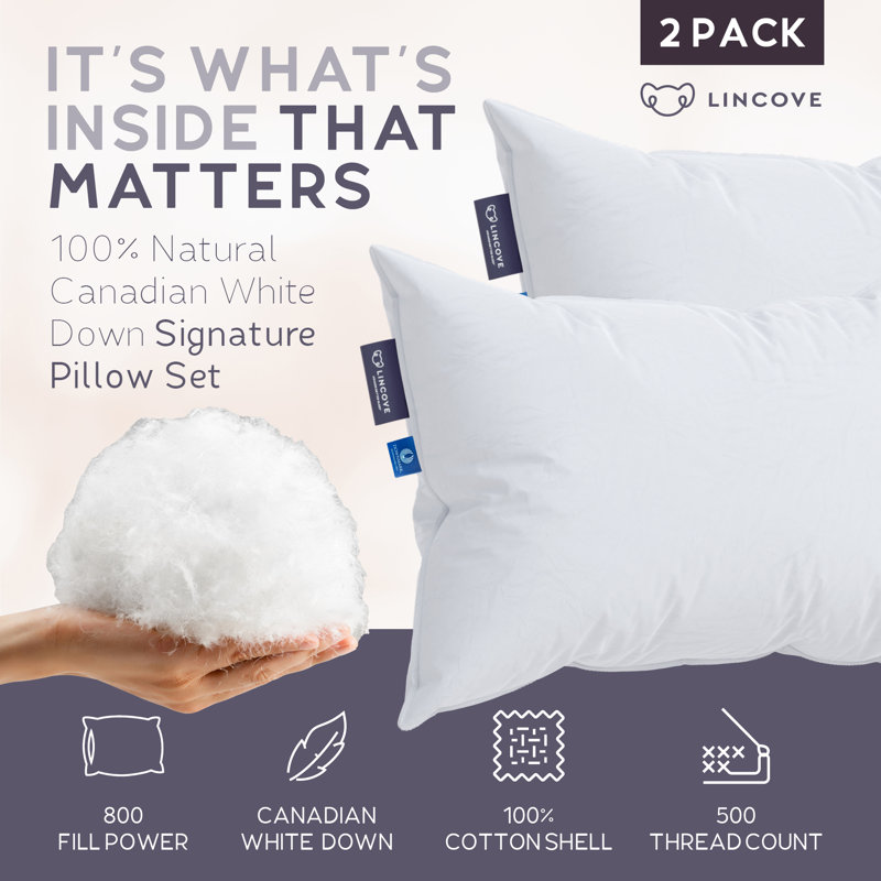 Lincove Signature 100% Canadian Down Luxury Sleeping Pillow - Medium Support for Side or Back Sleepers - 800 Fill Power - 100% Cotton Shell