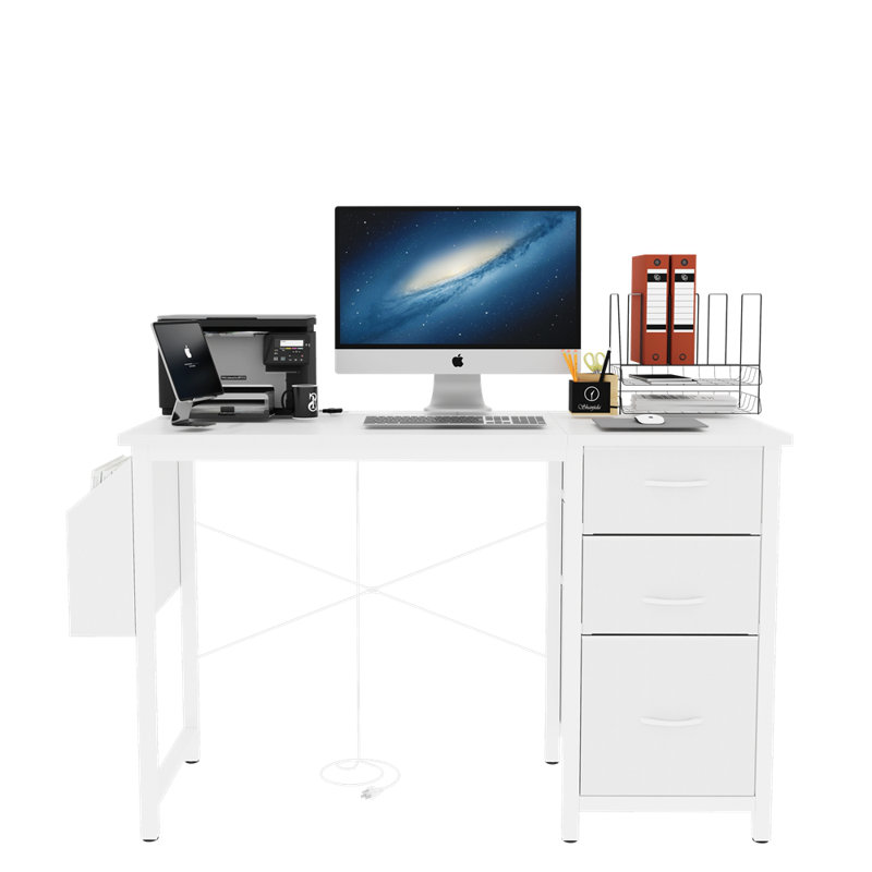 47.3"Office Desk With Power Outlet,3 Drawers,Side Pocket, Study Desk Easy To Assemble,Frame Stability Reversible For Home Desk, Company Computer Desk, Game Table,Vanity Table