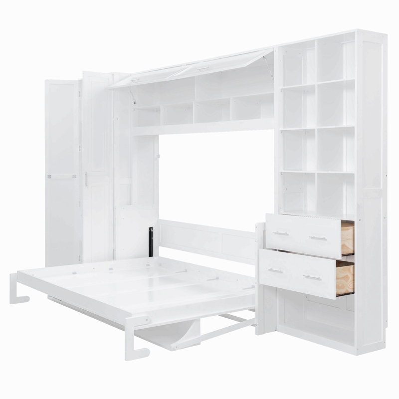 Grand lit escamotable mural avec placard, tiroirs et tablettes
