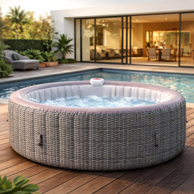 82" 6-Person Grey Wicker Design Inflatable Hot Tub, Fast Heating, 4 Filters & 2 Cup Holders