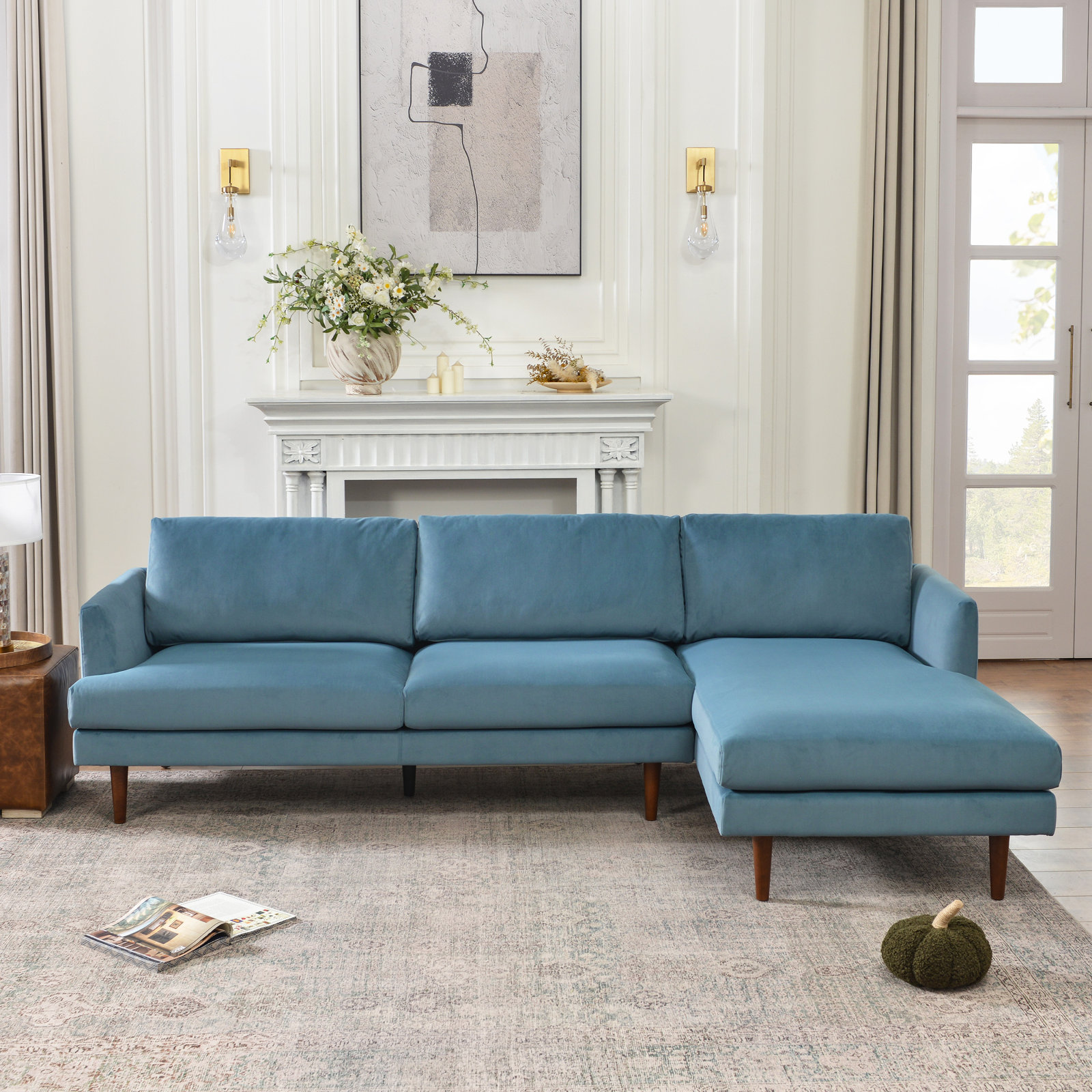 Miller Sectional, Right Hand Facing, Blue Polyester Blend