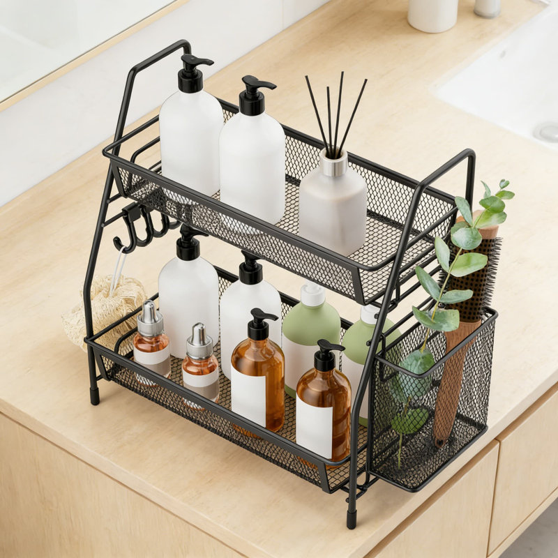 Organisateur de comptoir en grillage métallique à 2 niveaux avec panier latéral et crochets, plateau de meuble-lavabo polyvalent et support à épices pour la cuisine