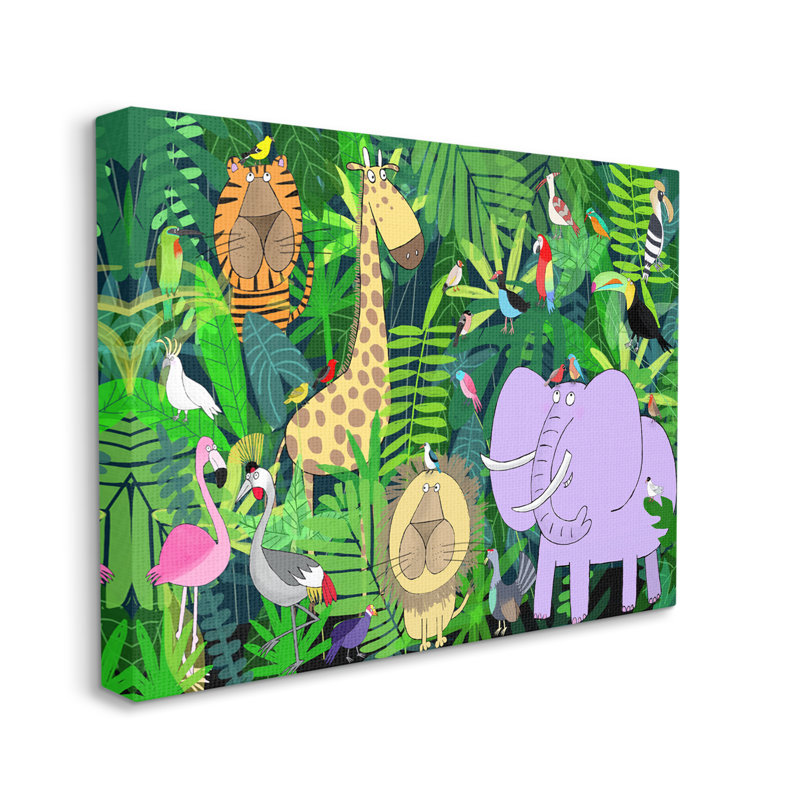 Illustration safari ludique d'animaux dans la jungle verte, H 30 po x l 40 po x P 1,5 po, Toile tendue