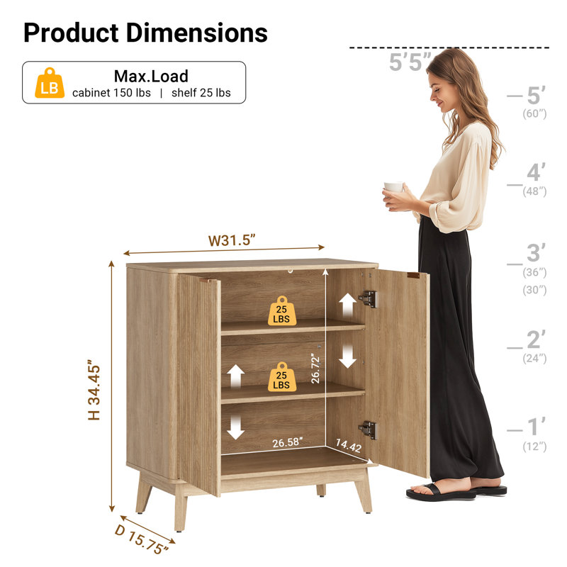 Seyla 31.5'' Sideboard with Solid Wood Legs & 2 Adjustable Shelves, Double Curved Fluted Door, Natrual Oak