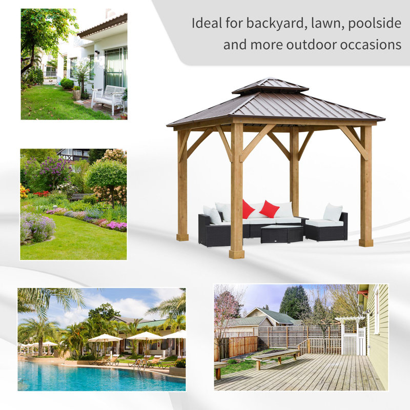 10x10 Brown Solid Wood and Steel Hardtop Gazebo
