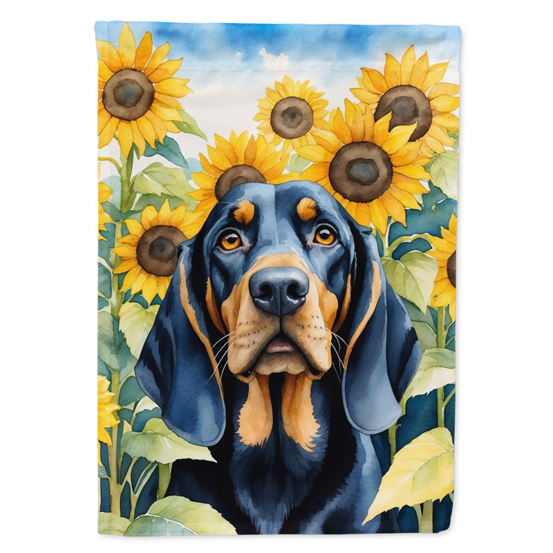 Lévrier irlandais dans le drapeau du jardin de tournesols, Noir / brun clair Coonhound