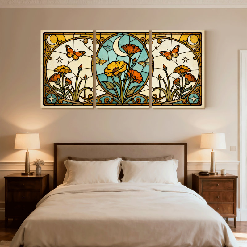 Ensemble de 3 impressions sur toile en verre coloré à motif floral fantaisie et science-fiction, H 18 po x l 36 po