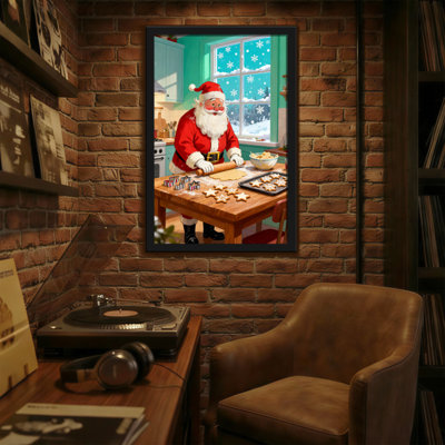 Christmas Santa Baking Cookies In Kitchen Scene