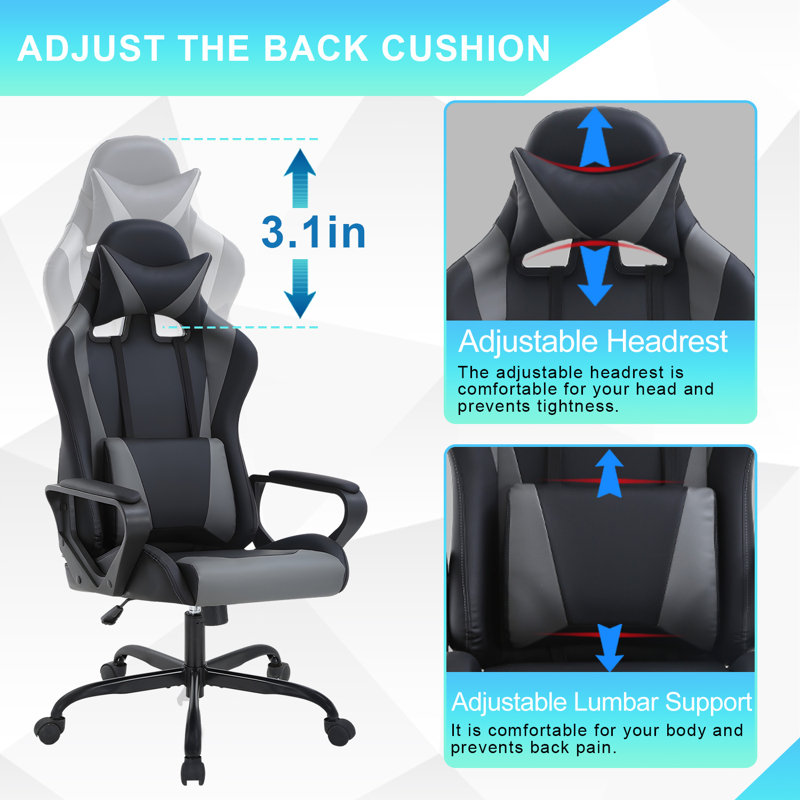Adjustable High-Back Executive Gaming Chair With Lumbar Support And Rolling Casters For PC Executive High-Back Chair For Gaming And Office With Ergonomic Features, PU Leather