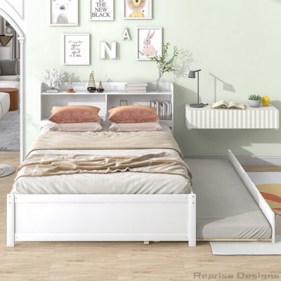 Full Size Bed with Bookcase Headboard and Pull-Out Trundle