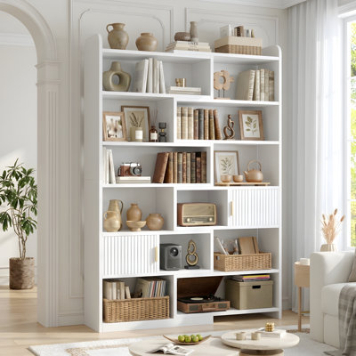 75.1"H Modern Adjustable Bookcase - Open & Closed Storage, L-Shaped or Straight, for Living Room, Bedroom, Home Office,75.1"Hx46.9"Wx9.4"D
