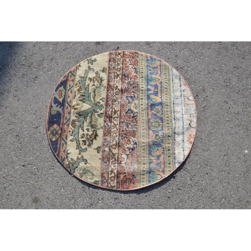 Handmade Antique Turkish Oushak Rug - Small Round Vintage Entry Door Mat in Earth Tones