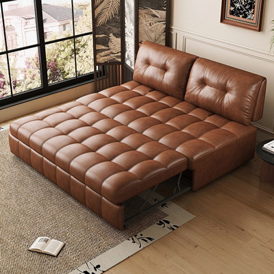 58.27"Brown Retro Foldable Oil Wax Leather Sofabed